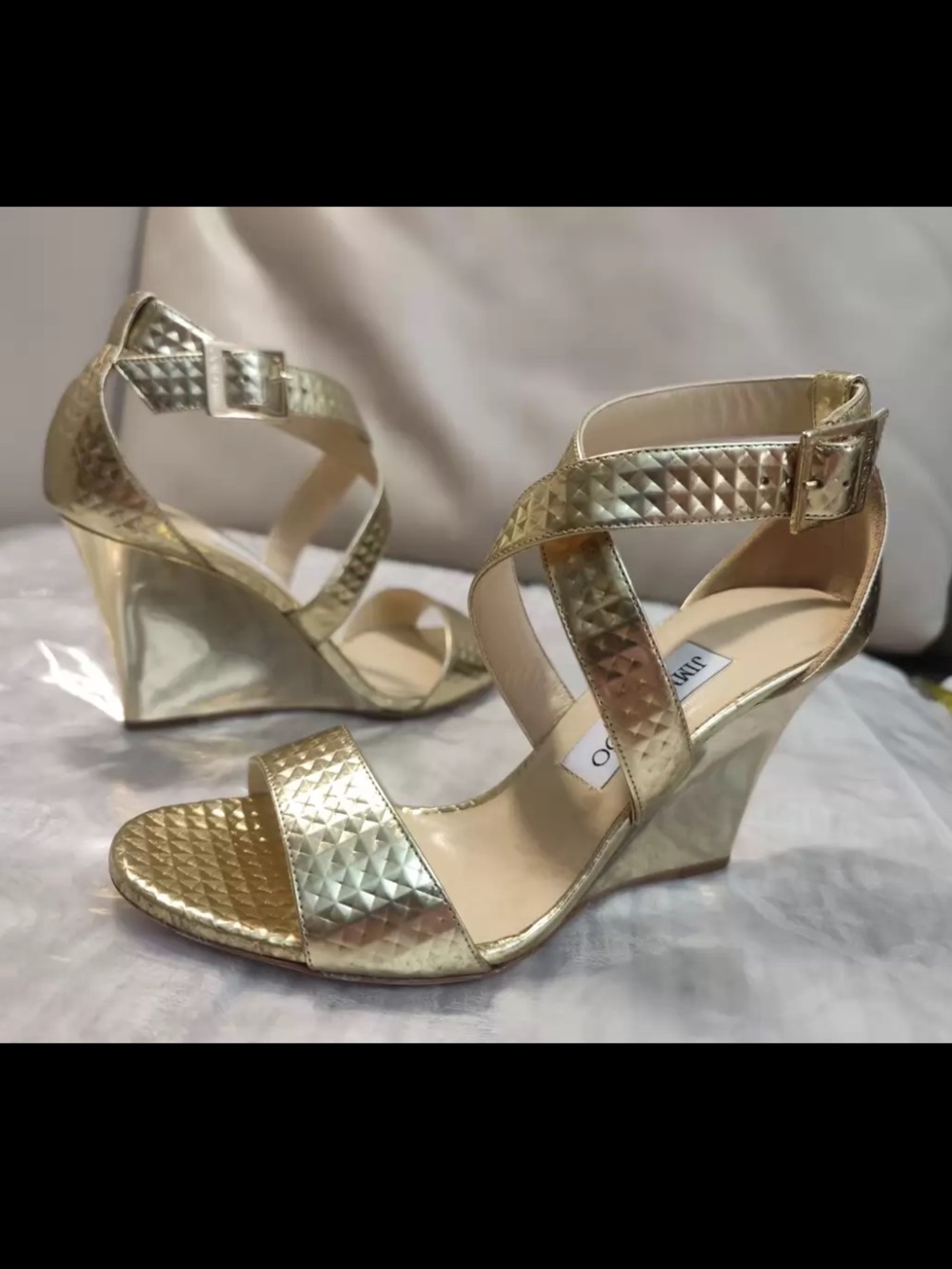 Jimmy Choo NWOT Gold Textured Crisscross Strap Heels